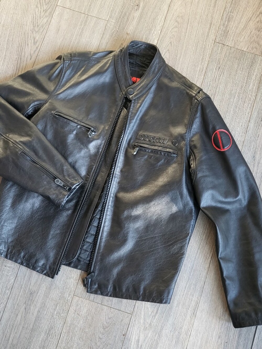 Vintage Y2K Ducati Meccanica Leather Motorcycle Jacket Black Cafe Racer Biker L